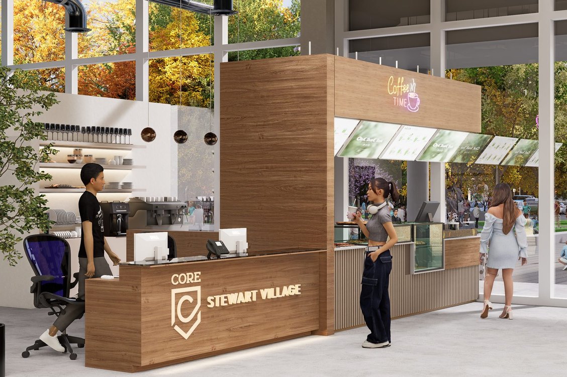 Rendering of the Core welcome desk and cafe, in warm wood with the Core Stewart Village mark