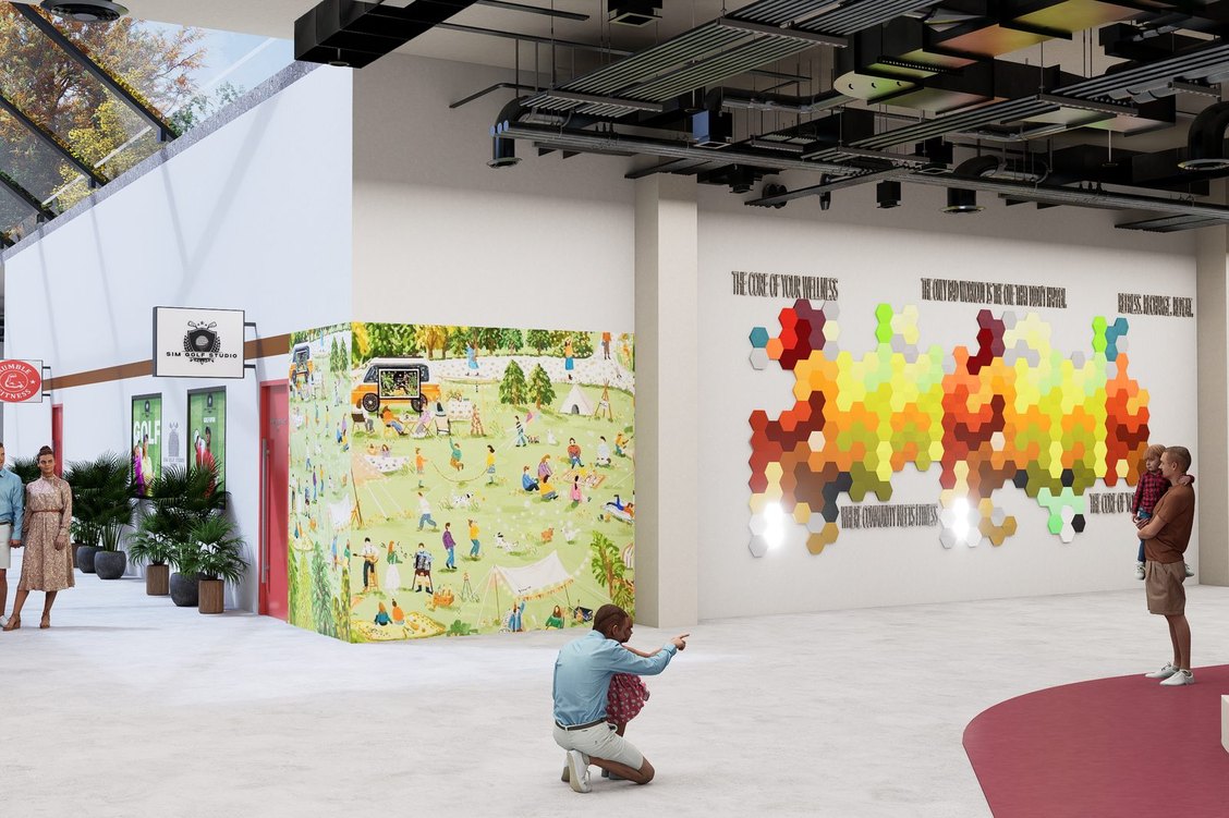 Rendering of the Core interior with a hexagonal community mural and indoor running track