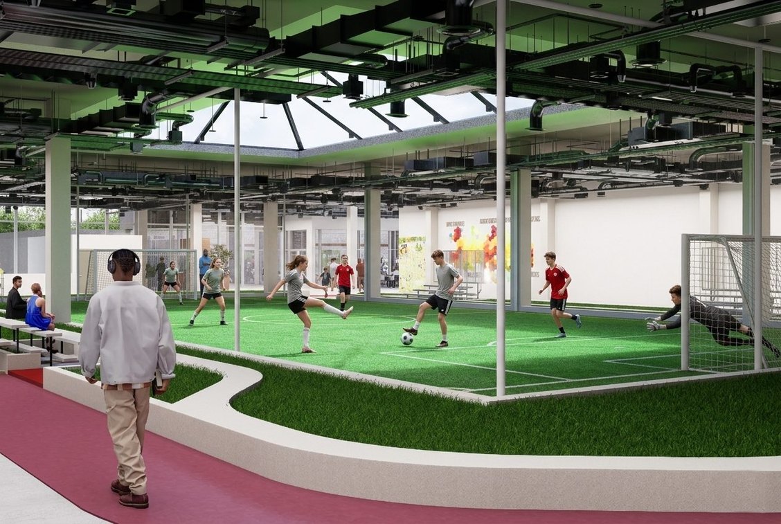 Rendering of the indoor soccer turf inside the Core, under a long skylight