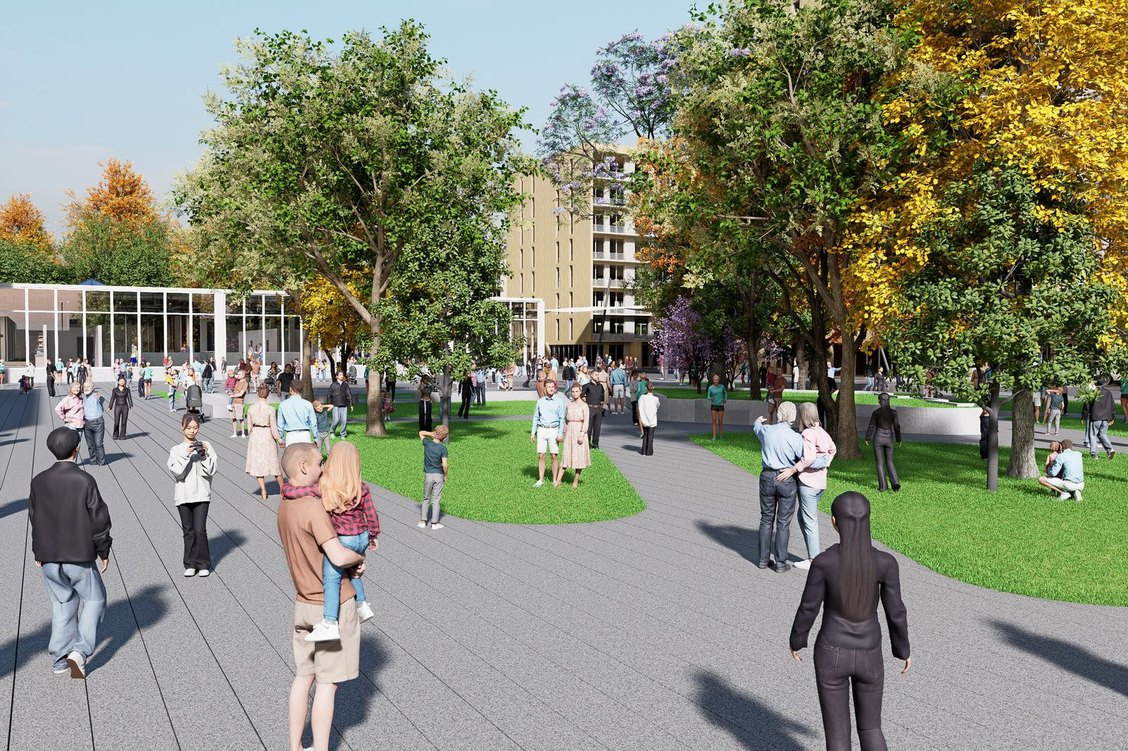 Rendering of the planned central park with terraced lawns, mature trees and the Core pavilion behind