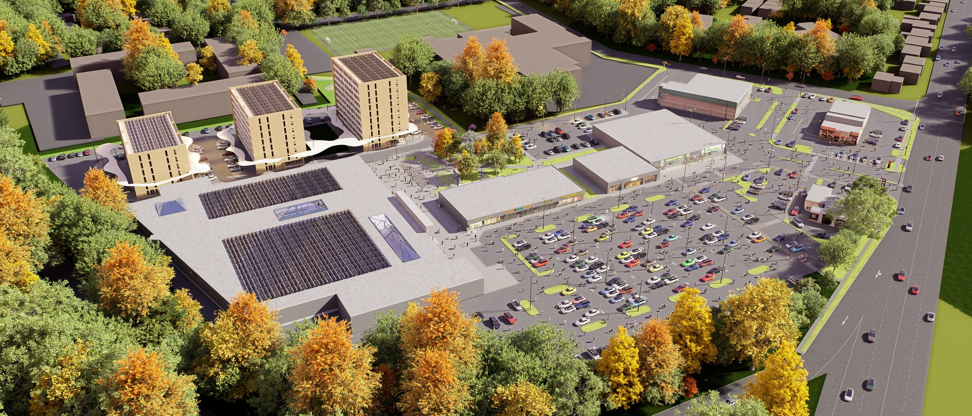 Aerial rendering of Stewart Village: the plaza, the Core, residential buildings and the surrounding corridor